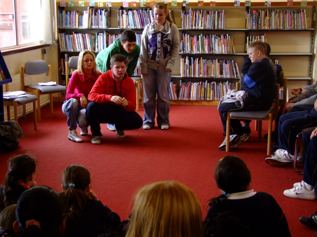 Actors performing Celine's work, St. Mary's Road Library