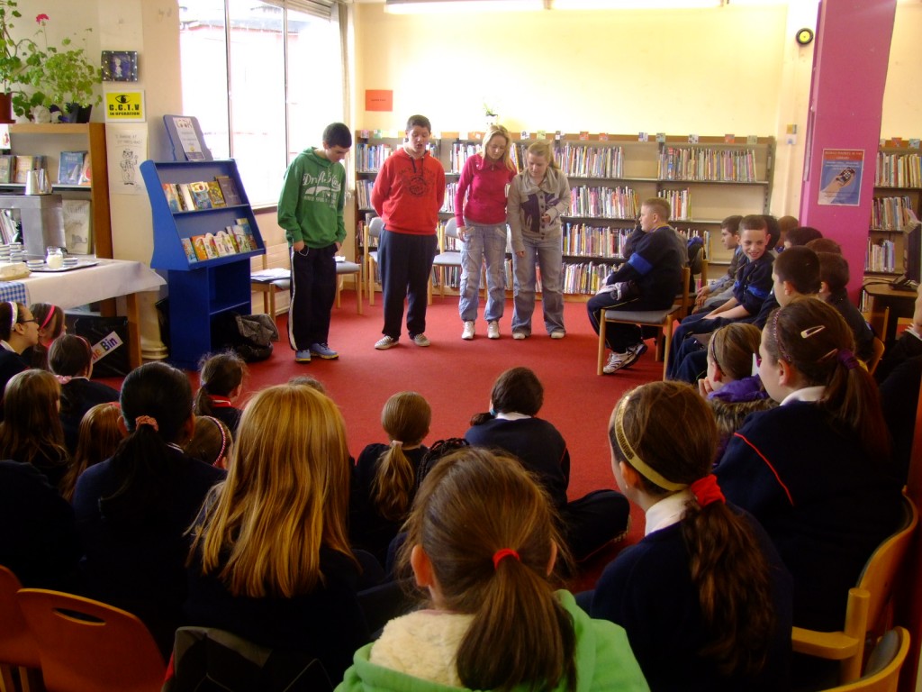 Actors performing Celine's story for local schools at St. Mary's Road Library