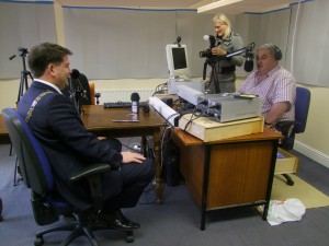 Donal Quinlan in action, Founder of Cork FM with Lord Mayor of Cork, Cllr Dara Murphy