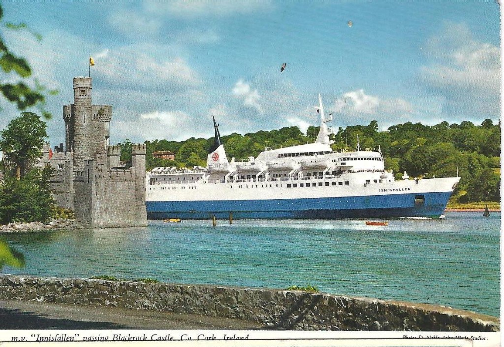 Postcard by Valentine of the Innisfallen passing Blackrock Castle, 1950s