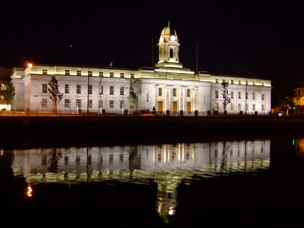 A flood lit Cork City Hall