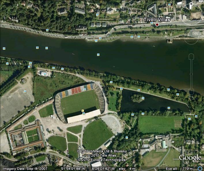 The Marina, Cork with Lee Rowing Club, Pairc Ui Chaoimh & former Cork Showgrounds, view from Google Earth