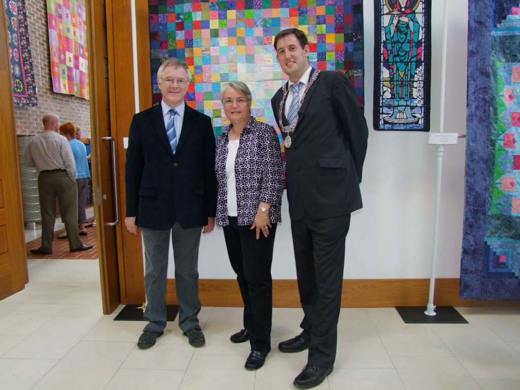 Dr. Barry O'Connor, registrar, CIT, Laura Wazilowski, US Quilt work lecturer & Cllr Kieran McCarthy at the launch of the Irish Quilt work exhibition at Cork Institute of Technology, 4 September 2010