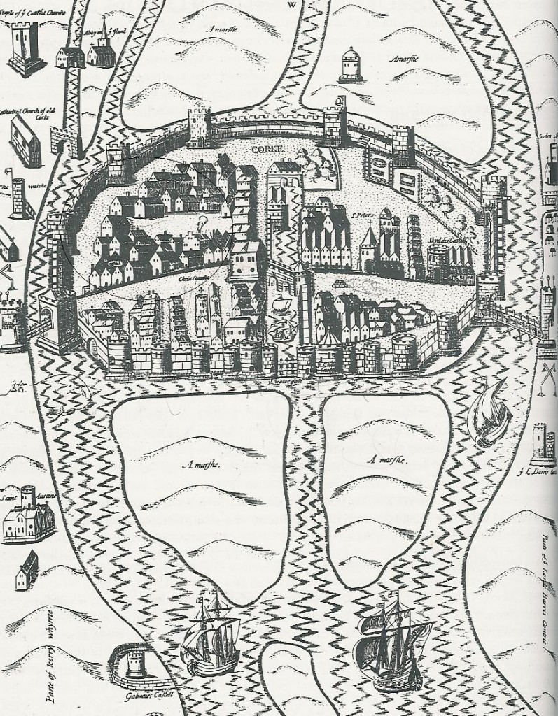 Walled Town of Cork, c.1575 from the Pacata Hibernia Map, Beamish and Crawford site circled