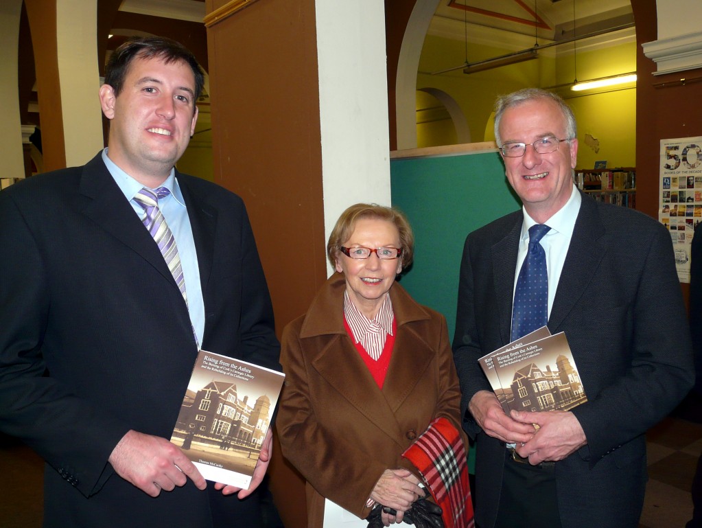 Kieran, Mairin Quill & George Dring, one of the ancestors of the family that donated books to the City Library post the burning of the Carnegie Library in mid December 1920, Carnegie Library book launch, 17 11 10