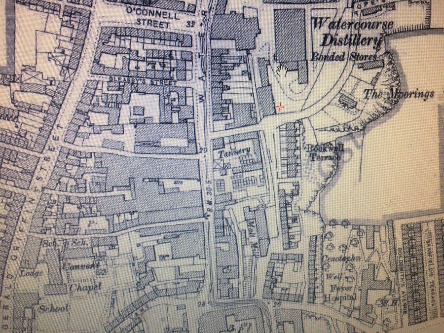 917b. Section of Ordnance Survey Map of Watercourse Road, c.1900 showing the Dunn’s Tannery and Watercourse Distillery