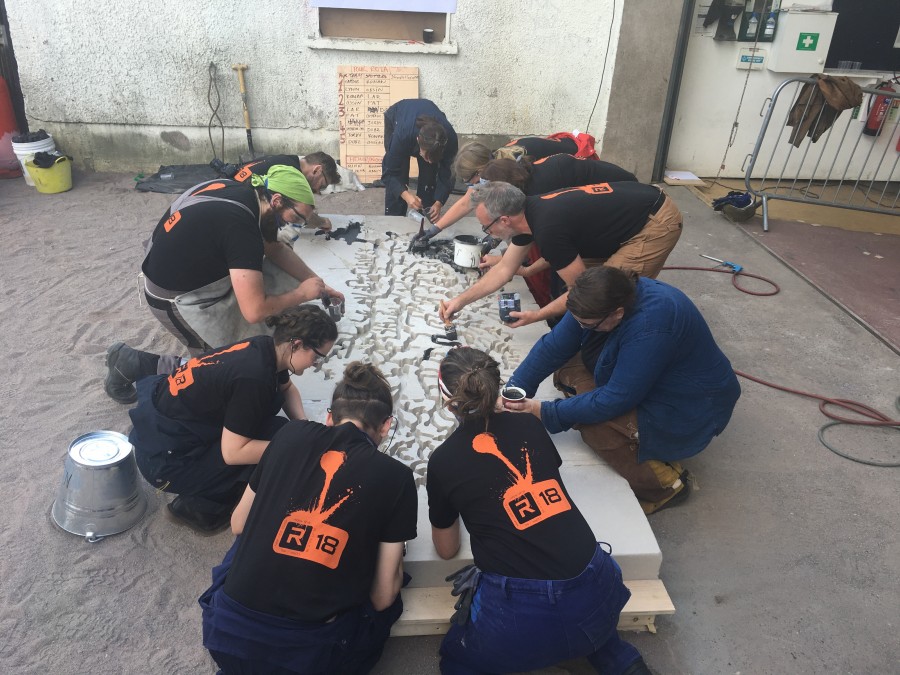 1.On Thursday the 19th of July, artist Tamsie Ringler Performed a iron pour During the IRON-R 2018 iron casting workshop in connection with Crawford College of Art and Design and the National Sculpture Factory in Cork, Ireland. The piece depicts the tributary system of county Cork's river Lee.