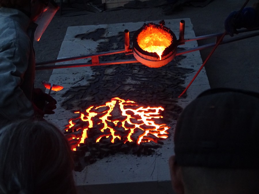 On Thursday, 19th July 2018, artist Tamsie Ringler Performed a iron pour During the IRON-R 2018 iron casting workshop in connection with Crawford College of Art and Design and the National Sculpture Factory in Cork, Ireland. The piece depicts the tributary system of county Cork's river Lee.