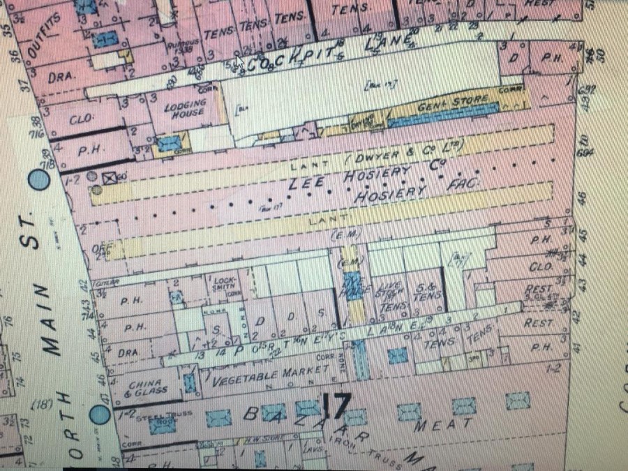 978a. Section of Goad’s insurance plan of North Main Street and Cornmarket Street, 1938 showing Dwyers Lee Hosiery Company, former site of Cork National Shell Factory