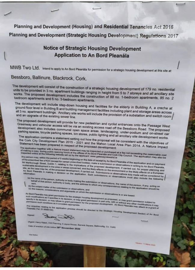 Bessboro Strategic Housing Development, Application to An Bord Plenanala Site Note, 28 November 2020 