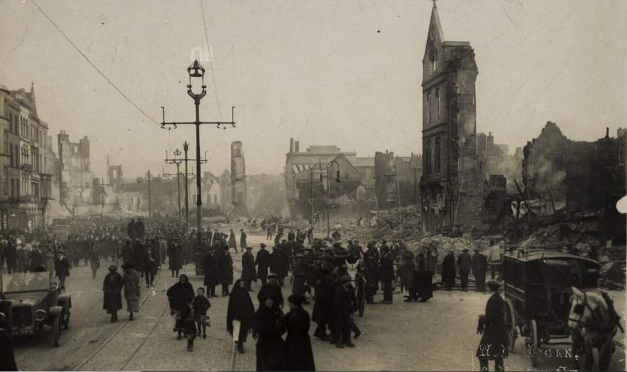 Aftermath of the Burning of Cork on St Patrick’s Street photograph by W Hogan (source: National Library of Ireland).