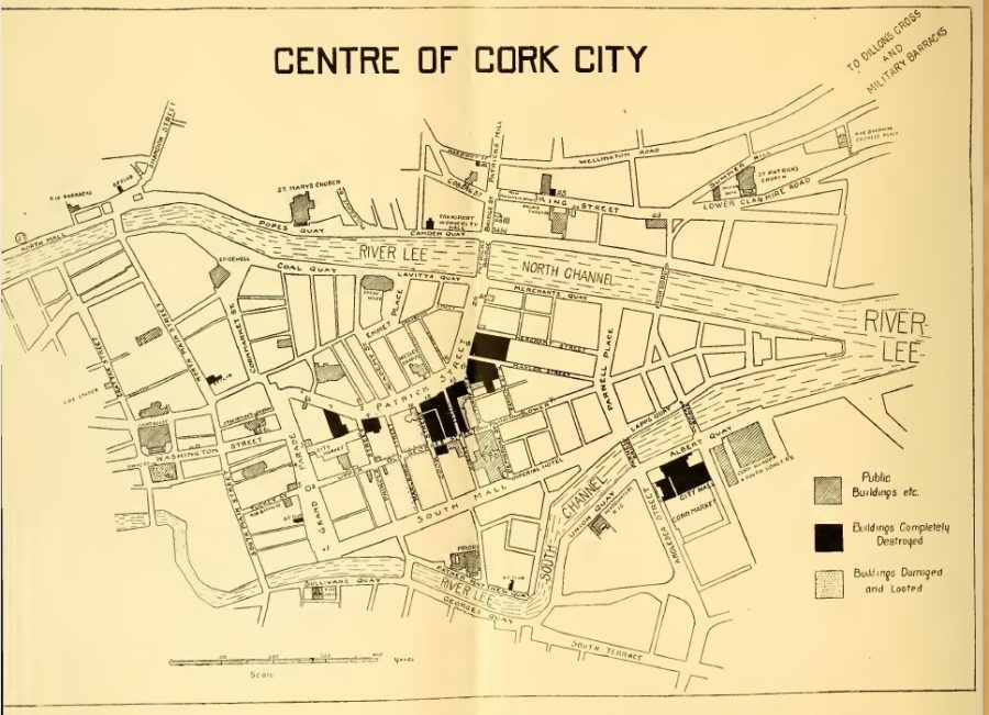 1079a. Map of burnt out sites from Burning of Cork, December 1920 from the Sinn Féin and Irish and English Labour Party publication Who Burnt Cork City (1921).