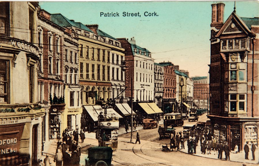 1088a. View from Woodford Bourne street corner, Daunt’s Square, St Patrick’s Street, c.1910, from Cork City Through Time by Kieran McCarthy and Dan Breen.