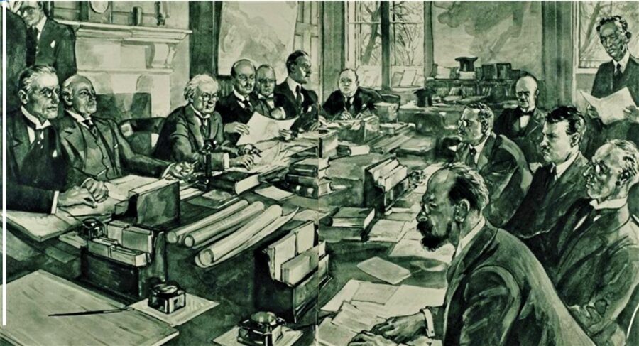 1129a. An artist at the Illustrated London News captured the British and Irish Treaty negotiation teams at work (source: Illustrated London News, December 1921).