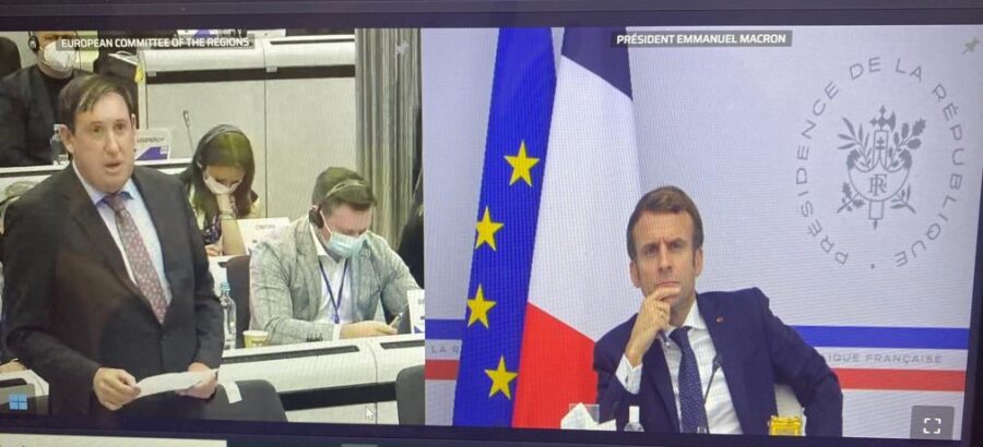 Cllr Kieran McCarthy and French President Macron in an online debate at the European Committee of the Regions Plenary Session, December 2021