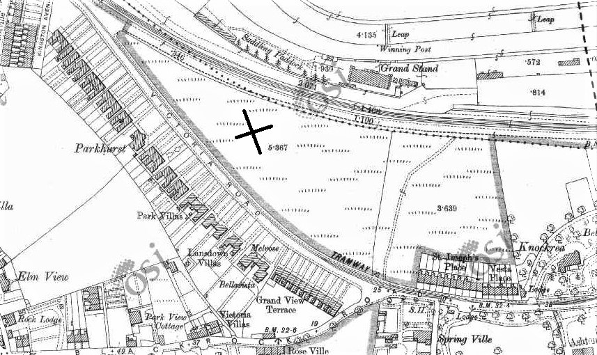 Ordnance Survey Ireland map section, c.1910 showing former Kennedy Park site  (see X) 
