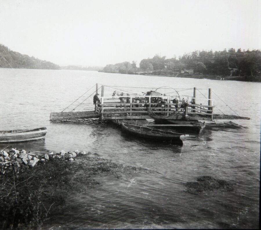 1171a. Eugene McCarthy's wooden river ferry or pontoon with horse and cart on board at East Ferry, c. 1910 from Cork Harbour Through Time by Kieran McCarthy and Dan Breen.