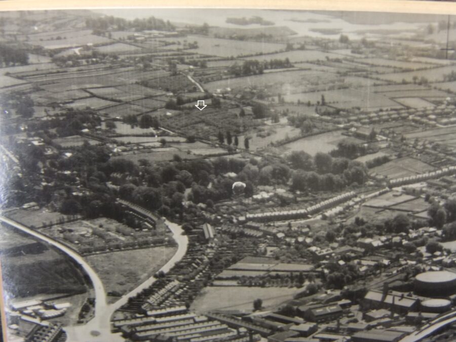 Aerial Photograph of Ballinlough, 28 April 1945 with arrow showing Hennerty's Orchard