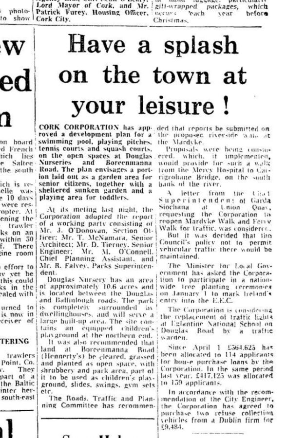 Announcing the creation of Ballinlough Community Park in Cork Examiner, 12 December 1972, p.12