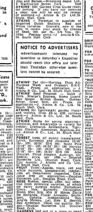 1951 advertisement for Douglas Nurseries Cork Examiner, 17 January 1951, Page 8