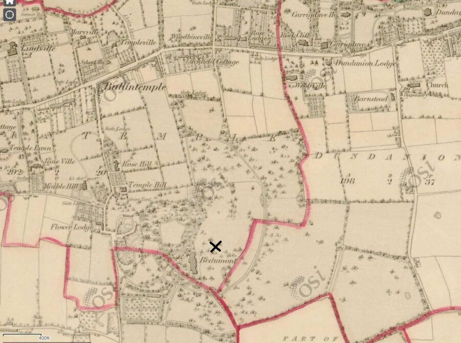 Beaumont House and estate from section of Ordnance Survey Ireland, c.1840 Present day Beaumont Park is marked by an X