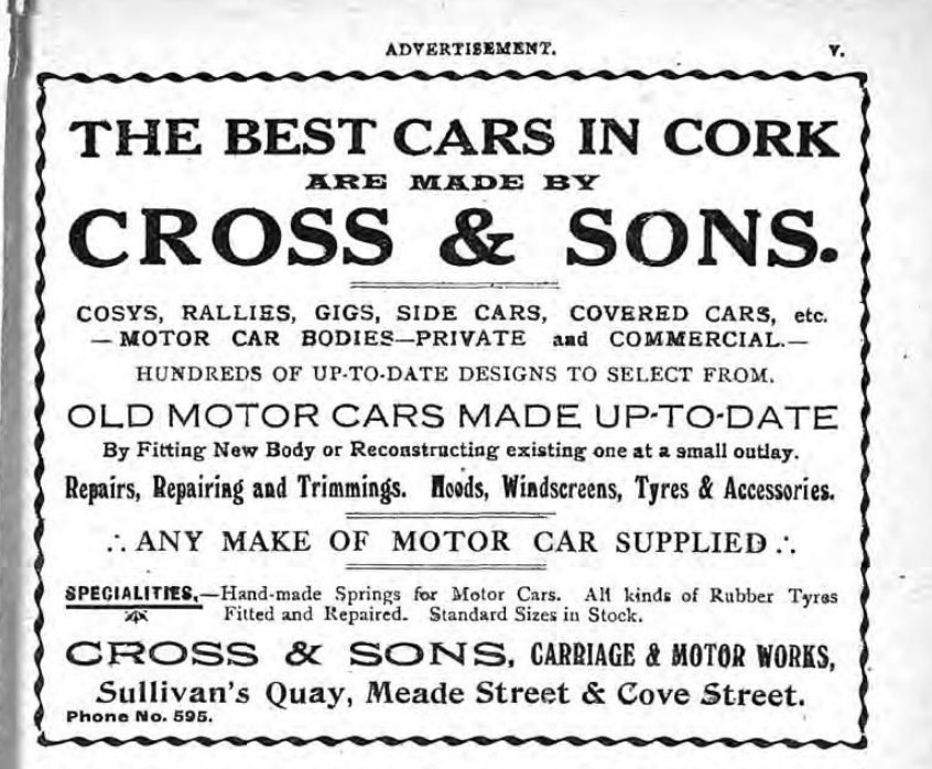 1189a. Advertisement of the sale of motor cars at Cross & Sons from Guy's Directory of Cork, 1921 (source: Cork City Library).