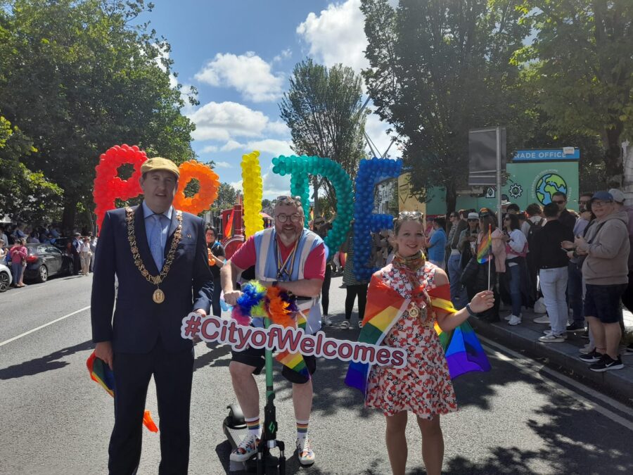Lord Mayor of Cork Cllr Kiran McCarthy. Clive Davis of Cork Pride Festival and Lady Mayoress of Cork Marcelline Bonneau, Cork Pride Parade, 6 August 2023 (picture: Cork City Council)