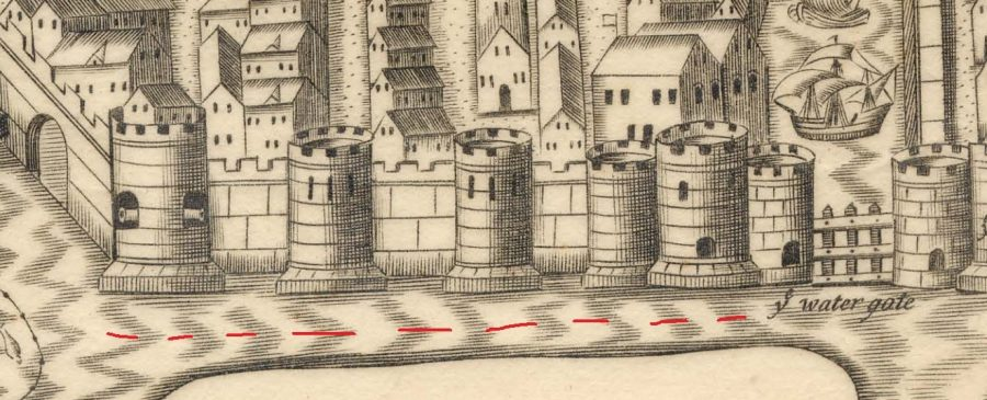 South east quadrant of the town wall, c.1600 as depicted in George Carew’s Pacata Hibernia, c.1600; red dashed line is the Grand Parade (source: Cork City Library)
