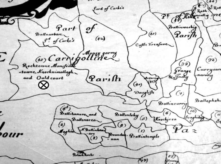 Map of Cork, 1655, X shows Old Court (source: Cork City Library)