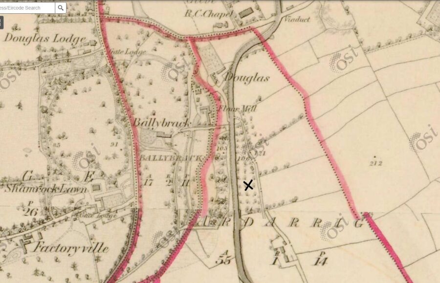 Section of 1836 OSI map of Cork showing Ballybrack House and estate and x marks the woods (source: Cork City Library)