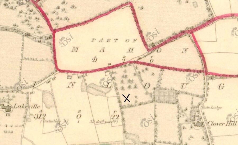 Existing site of Clover Hill Park marked as an X on 1840 OSI map (source: Kieran McCarthy)
