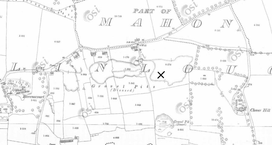 Existing site of Clover Hill Park marked as an X on 1890 OSI map (source: Kieran McCarthy)