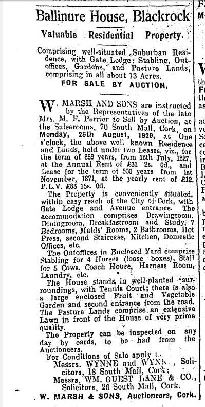Selling Ballinure House, Cork Examiner, 17 August 1929 (source: Cork Examiner)