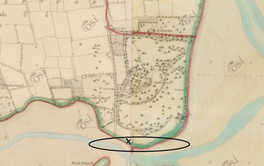 Map showing Lakelands House and estate, c.1840, circle highlights Joe McHugh Park & Estuary Walk (source: OSI)