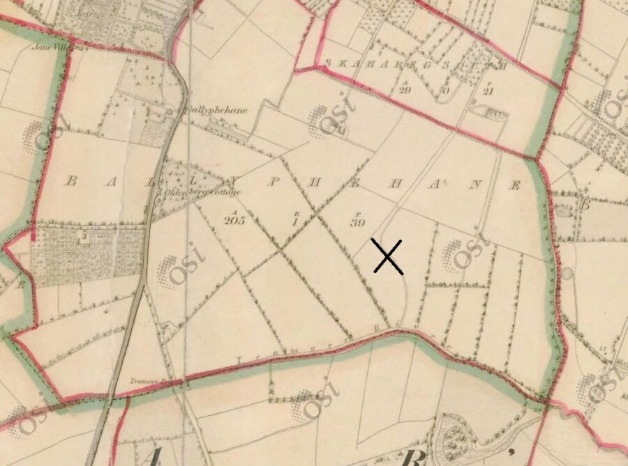 Ballyphehane, c.1840; the x marks the present heart of the Tramore Valley Park (source: OSI)