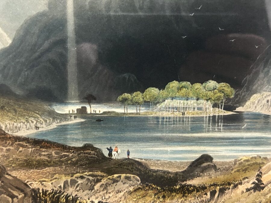 1264b. Hand coloured and beautiful acquatint by Newton Fielding entitled “Gougane Barra Lake with the Hermitage of St Finbarr, County Cork”. It is a copy of George Petrie’s work.