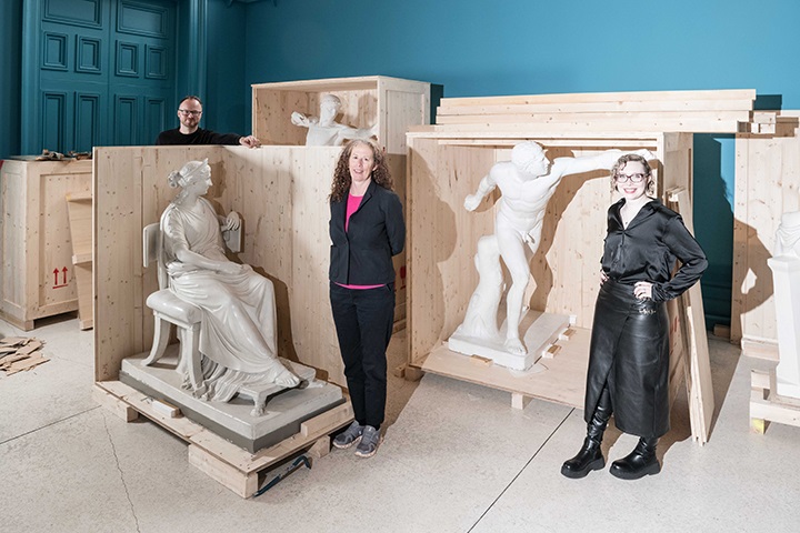 1284a. Crawford Art Gallery staff, l-r, Curator of Collections Dr Michael Waldron, Director Mary McCarthy and Production Manager Kathryn Coughlan pictured during the removal of the Canova Casts from the gallery (picture: Joleen Cronin)