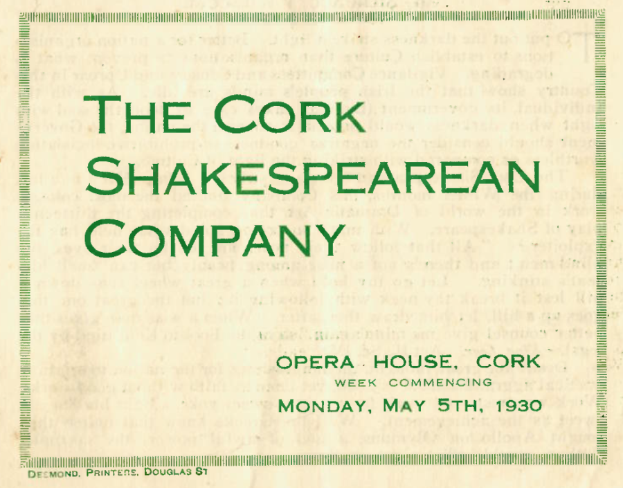 1290a. Front cover of 1930 programme for Cork Shakespearean Company (source: Cork City Library).