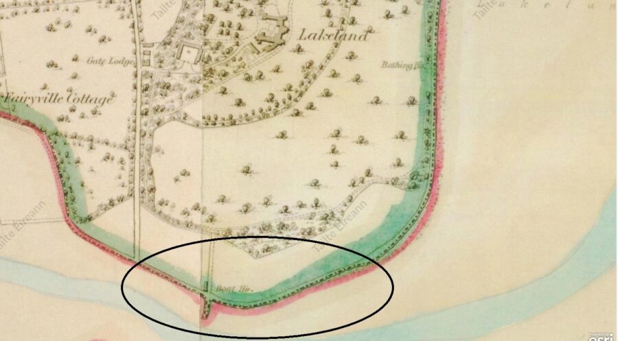 Map showing Lakelands House and estate, c.1840, circle highlights Joe McHugh Park & Estuary Walk (source: OSI)