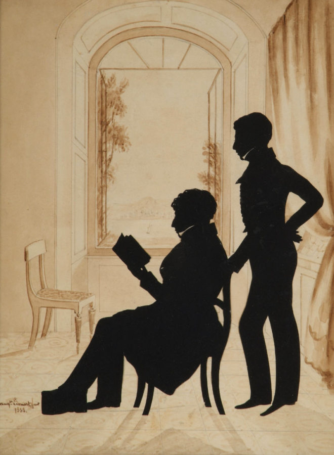 Crawford Art Gallery 0907 Augustin Amant Edouart, Members of the Crawford Family, 1838, black cut paper silhouette, 30.5 x 23 cm. Presented, Hugh Crawford Esq., 1989.