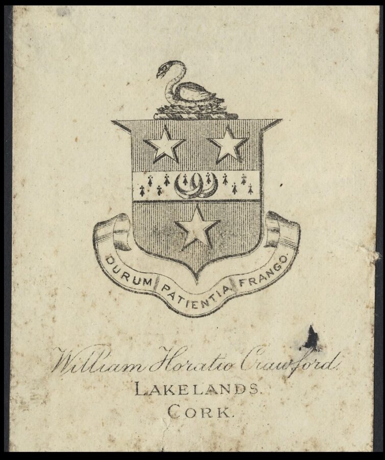 Book plate of William Horatio Crawford's library at Lakelands House, mid ninteenth century (source: Cork City Library)