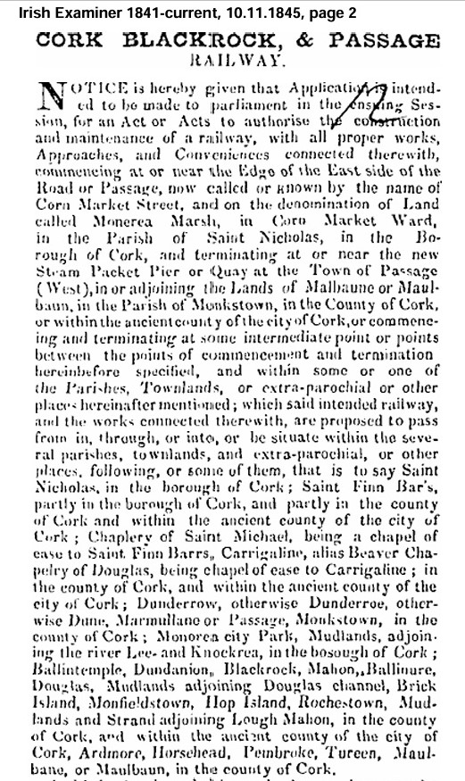 Newspaper notice of application to Westminster Parliament to construct and maintain the Cork Blackrock and Passage Railway Line, 10 November 1846 (source: Cork Examiner)